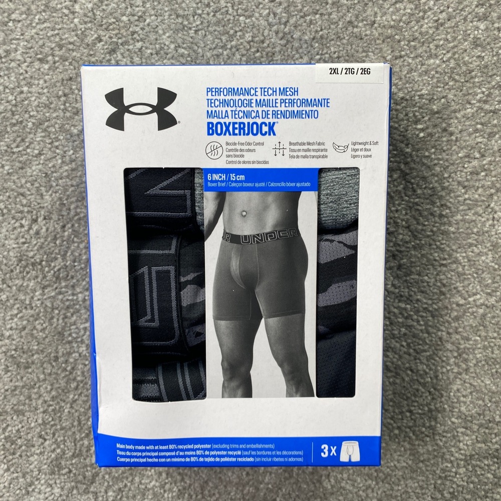 Under Armour Boxerjock Boxer Briefs Mens 2XL Black Grey 3-Pack 6in Tech Mesh